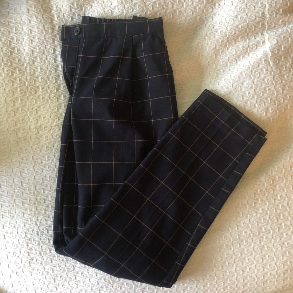 Monki Navy Windowpane Trousers with Brown Grid